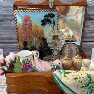 Antique wood jewelry box vignette bundle frozen Charolette English pitcher etc.